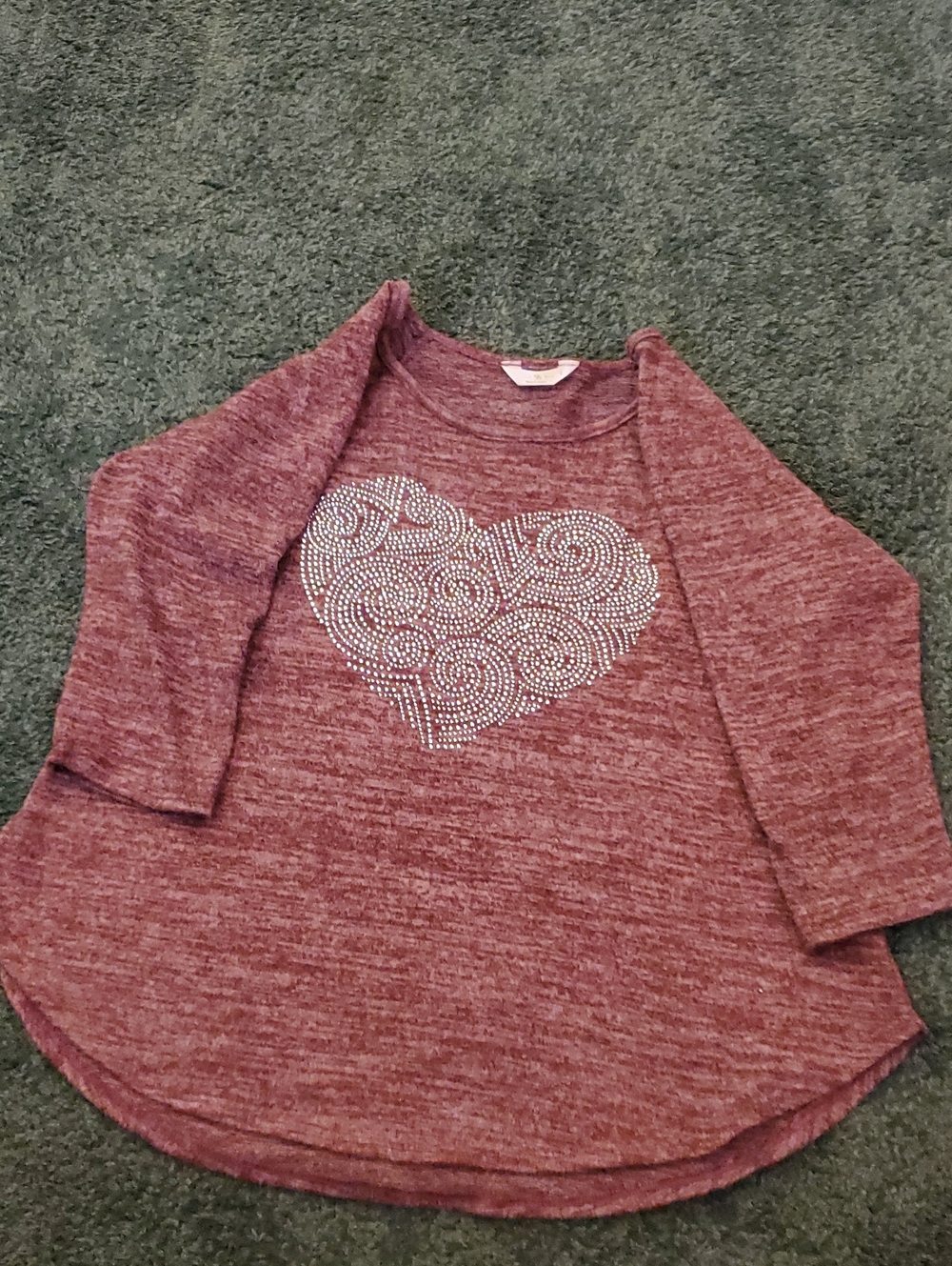 SJS Rose Marled Long-Sleeve Tee with Rhinestone Heart